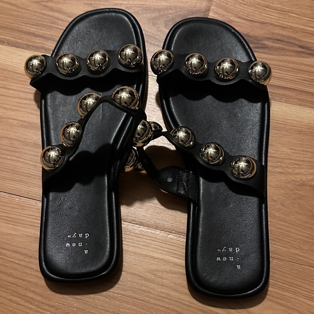 a new day Black Sandals with Gold Accents Sz10